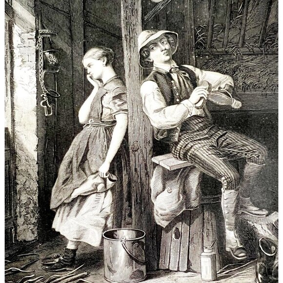 Lovers Quarrel Engraving 1859 Victorian Farm Romance Horse Stable Art DWY5E - Picture 1 of 2